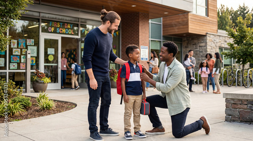 Interracial same-sex fathers preparing their son for first day of elementary school, adjusting backpack outside school entrance