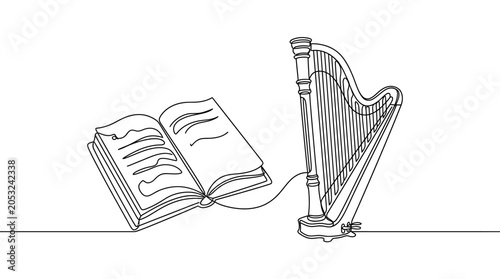 Fotografia Continuous line drawing of a harp and an open book, symbolizing music education and learning