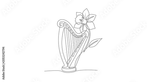 Bild auf Leinwand Elegant Harp with Flower Outline Drawing, Minimalist Music Instrument Art