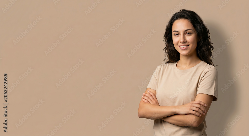 Obraz premium Portrait of a confident smiling young woman with folded arms wearing a casual t-shirt against a plain beige background with copy space