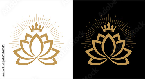 Golden Lotus Flower with Crown and Sunburst Emblem.