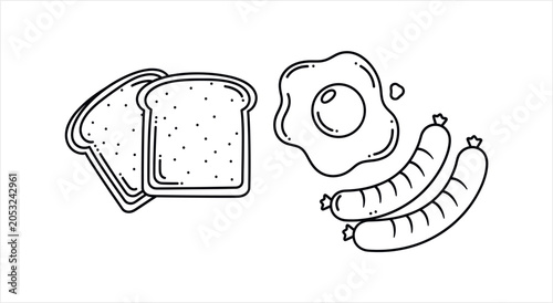 Hand drawn illustration of a breakfast meal with toast, fried egg, and sausages.