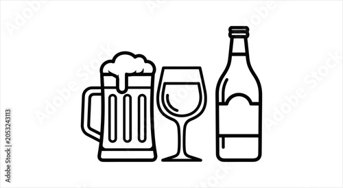 Illustration of alcoholic beverages including beer wine and bottle.