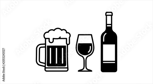 Illustration of Beer Mug Wine Glass and Bottle.