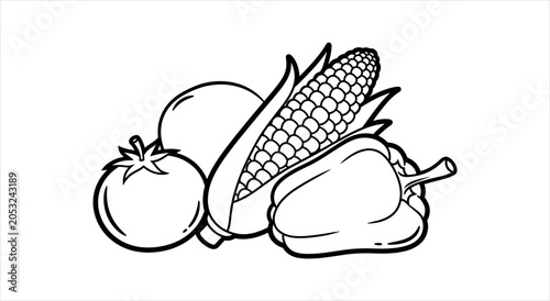 Line Art Illustration of Fresh Vegetables Grouped Together.
