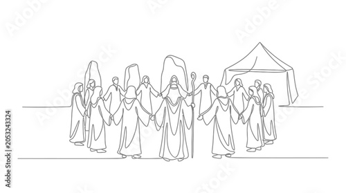 Fotografie Druidic Ritual: Circle of People in Robes Holding Hands Around Standing Stones a