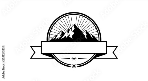 Mountain Emblem with Banner and Sunburst Design.