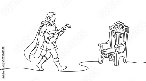 Canvas Print Bard playing lute walks towards ornate throne, one line drawing, fantasy illustr