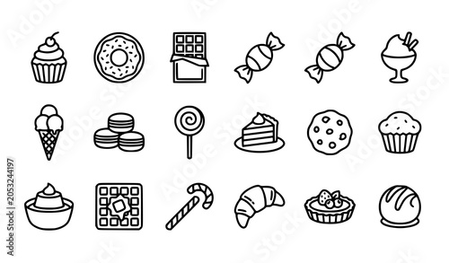 Dessert Line Icon Set with Candy Cupcake Donut Chocolate and Sweet Treat Symbols for Food Menu Design