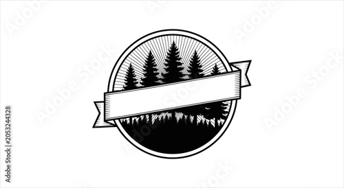 Vintage Circular Emblem Featuring Pine Forest and Ribbon.