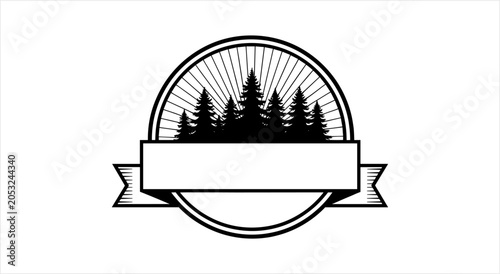 Vintage Emblem with Pine Forest and Ribbon.