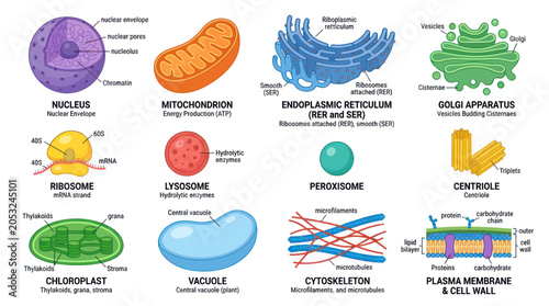 Obraz na płótnie Cell Organelles Diagram: Nucleus, Mitochondrion, ER, Golgi, Ribosome, Lysosome,