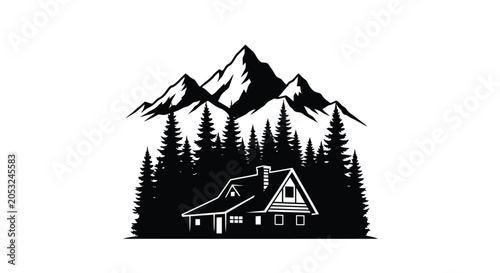 Black and white illustration of a house in a forest with mountains