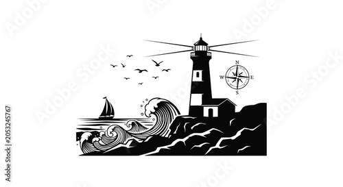 Black and white lighthouse on rocky coast with sailboat