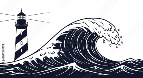 Black and white lighthouse with big wave