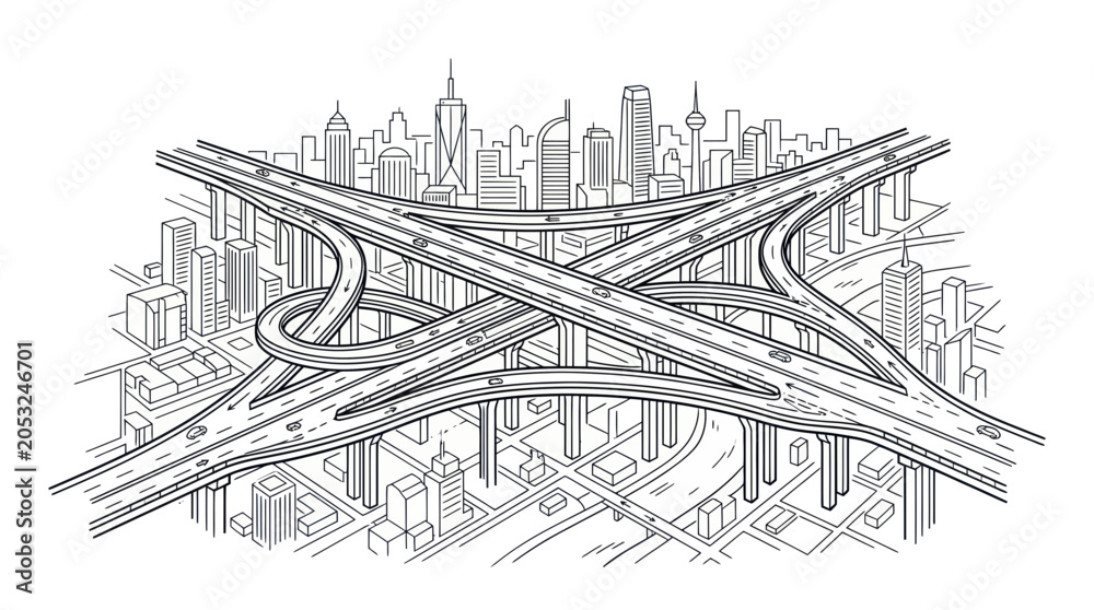 Fototapeta premium Complex Highway Interchange Over City Skyline