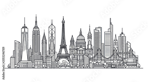 Photos Iconic City Skyline Silhouette Line Art Vector - Famous Landmarks Collection