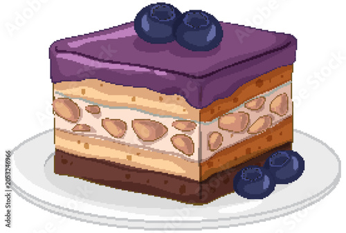Layered Blueberry Dessert Slice with Nut Filling on White Plate