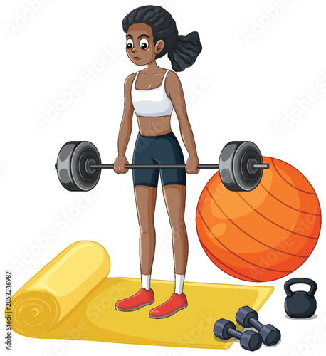 African American Woman Lifting Barbell with Gym Equipment Vector Illustration