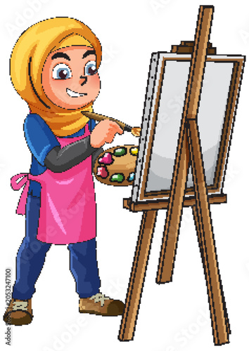 Cartoon Muslim Girl Artist Painting with Palette and Wooden Easel