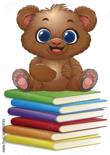 Cute Cartoon Baby Bear Sitting on a Stack of Colorful Books