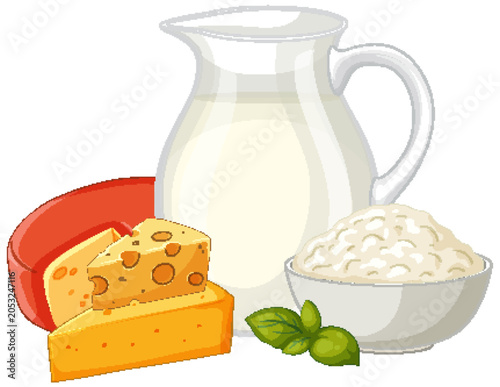 Vector Illustration of Fresh Dairy Products Including Milk Cheese and Curd