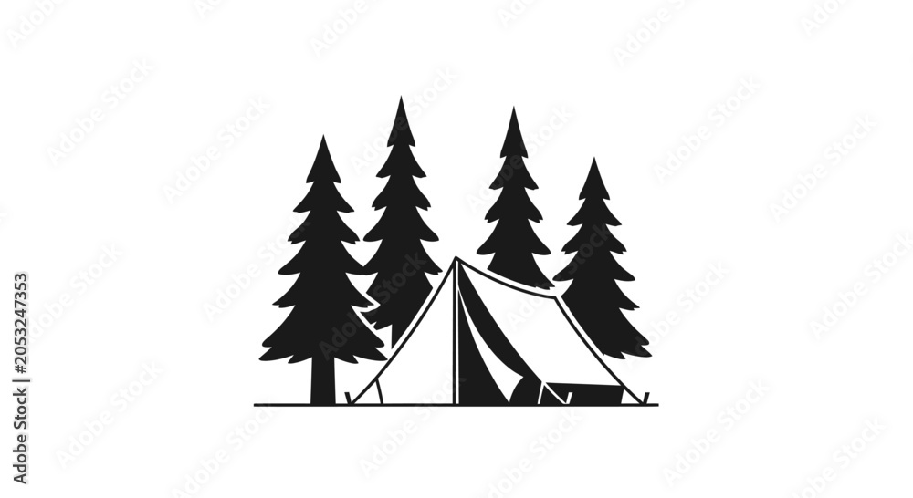 Obraz premium Silhouette of a tent nestled among pine trees