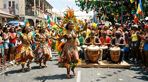 Vibrant Caribbean Carnival Parade with Dancers and Drummers