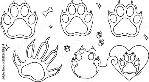 Canvas Print Animal paw print vector line icon set with wild beast claws dog bone elements an