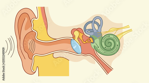 Anatomical Cross Sectional Illustration of the Human Ear Showing Sound Wave Transmission and Internal Auditory System Structures