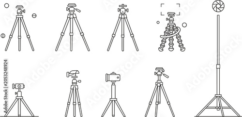 Photos Camera tripod stand and studio light support vector line icon set with flexible