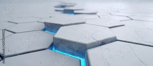 Abstract White and Grey Hexagonal Tiles with Blue Neon Light Glow and Shallow Depth of Field Effect