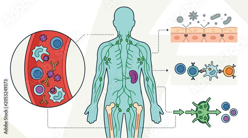 Detailed Medical Illustration of the Human Immune System and Lymphatic Network with Cellular Interaction Pathways