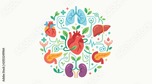 An illustration of human internal organs including heart lungs liver and kidneys with medical icons and green leaves representing health and wellness