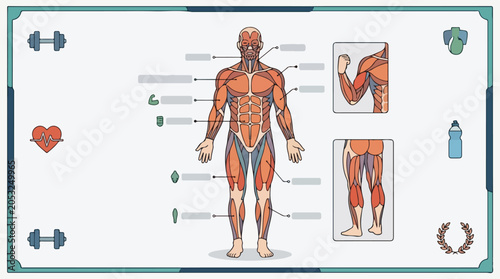 Detailed Human Muscular System Diagram Featuring Anatomical Muscle Groups for Fitness and Bodybuilding Education