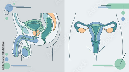 Anatomical illustrations comparing the male and female reproductive systems side-by-side
