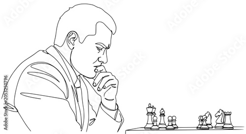 Bild auf Leinwand Man playing chess, deep thinking, strategy, intellectual game, monochrome line d