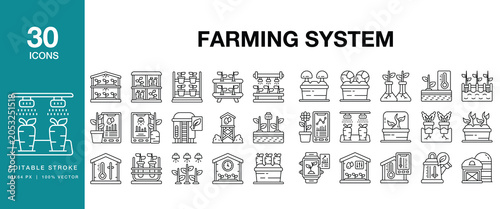 Farming System icon set. Includes farming, agriculture, cultivation, agronomy, crops and More. Editable Stroke Icon Collection.