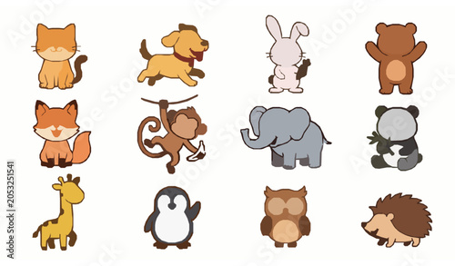 Canvas Print Cute funny animal character vector set with adorable cartoon wildlife and pets i