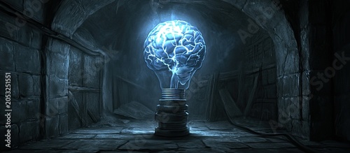 Glowing brain bulb in dark tunnel; idea, innovation