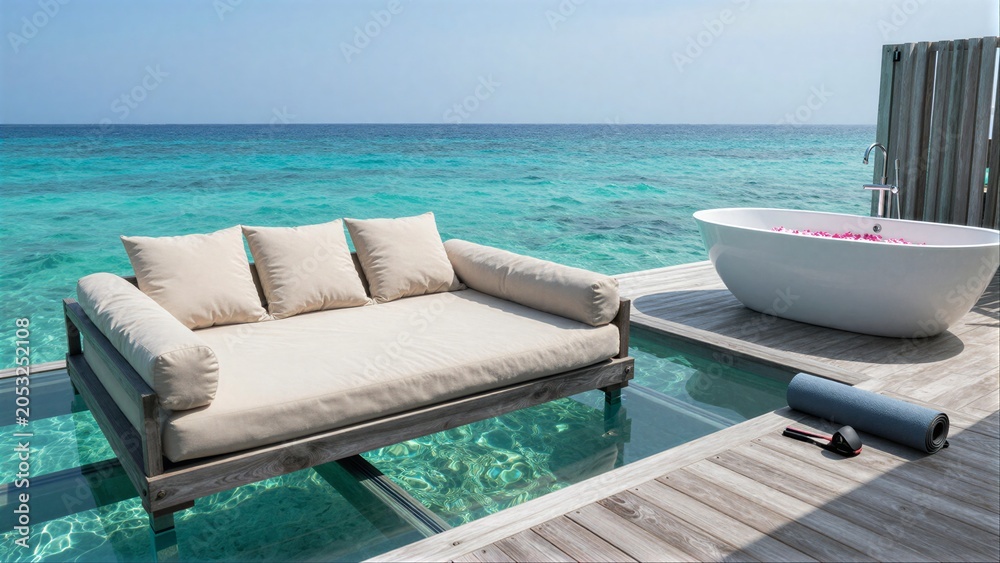 Fototapeta premium Luxury beachside lounge with infinity pool and bathtub overlooking