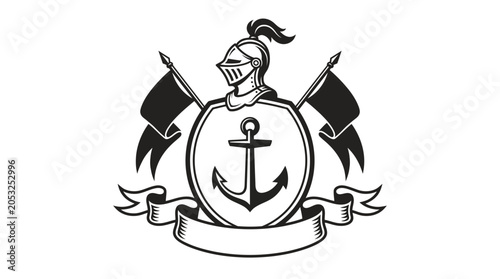 Knight Helmet Emblem with Anchor, Flags and Banner
