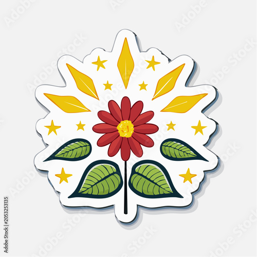 Stylized Red Flower with Yellow Accents and Green Leaves