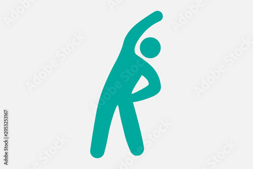 The image features a minimalist, solid teal pictogram of a human figure set against a plain, light grey background.