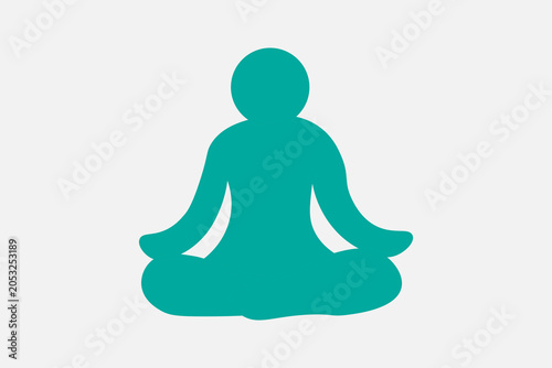 The image features a minimalist, solid teal pictogram of a human figure set against a plain, light grey background. The figure is depicted in a symmetrical, cross-legged meditation or yoga pose,
