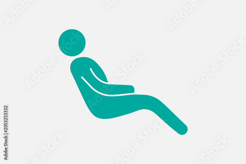 The image features a minimalist, solid teal pictogram of a human figure set against a plain, light grey background.