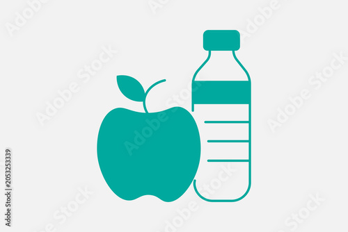 The image features a minimalist icon in a solid teal color, set against a plain, light grey background. On the left, there is a solid teal silhouette of an apple with a stem and a single leaf attached