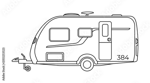 Caravan outline drawing, camping trailer icon, vector illustration
