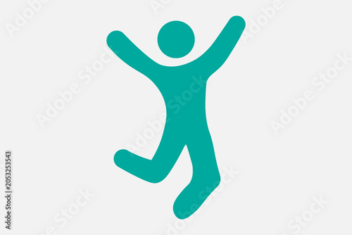 The image features a minimalist, solid teal pictogram of a human figure set against a plain, light grey background.