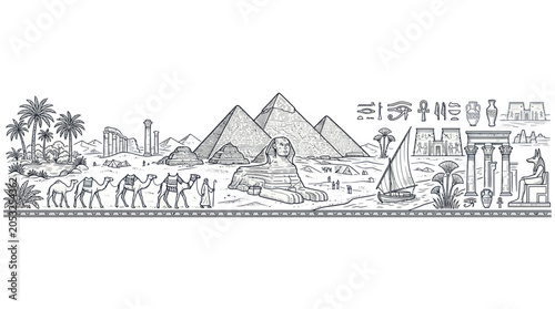 Foto Ancient Egypt Panorama: Pyramids, Sphinx, Camels, Hieroglyphs, Palm Trees, Saili